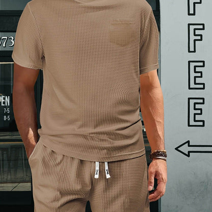 Casual Men's Sports Outfit - Waffle Henley T-Shirt & Stylish Beach Shorts - Buy Center US
