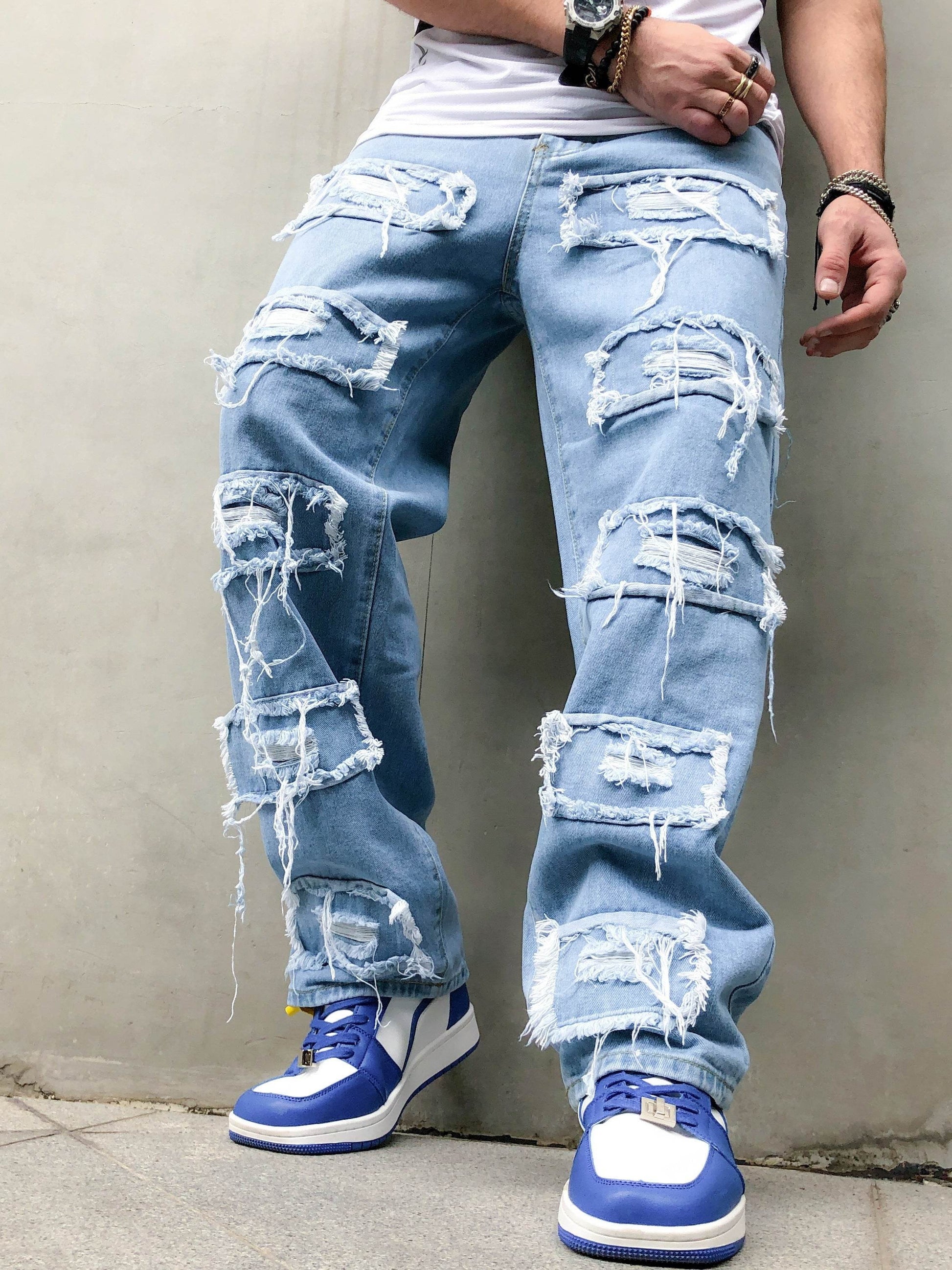 Men's Distressed Skinny Fit Jeans - Light Blue All-Season Casual Denim - Buy Center US
