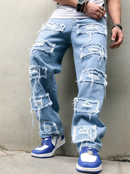 Men's Distressed Skinny Fit Jeans - Light Blue All-Season Casual Denim - Buy Center US