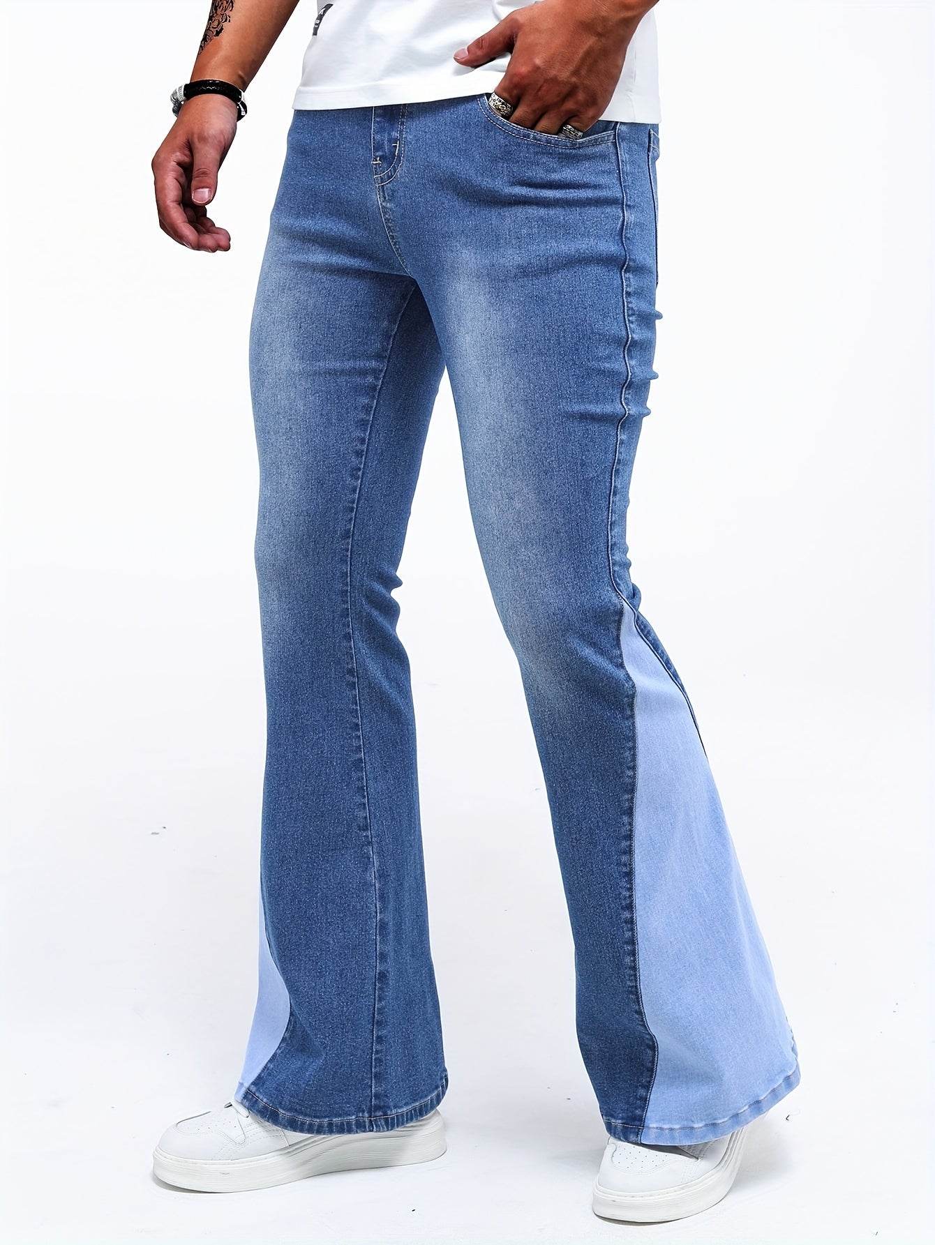 Men's Color Block Denim Pants - Casual Cotton Blend Jeans with Pockets - Buy Center US