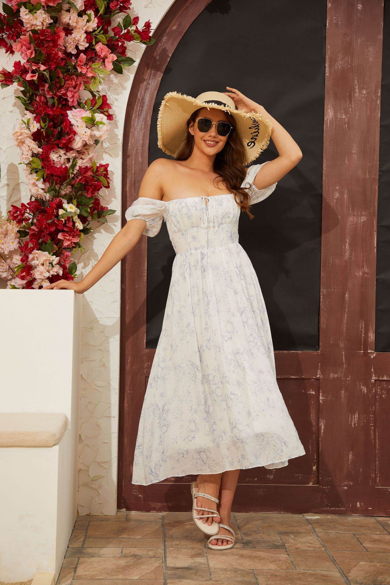 European & American Short Sleeve Mid-Length Dress - Floral Print A-Line - Buy Center US