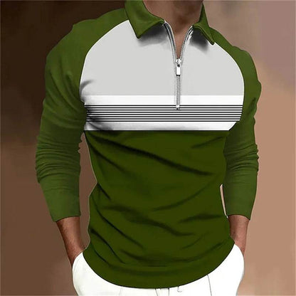 Men's Long Sleeve Color Matching Polo Shirt with Zipper - Casual Fashion - Buy Center US