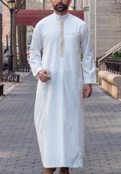 Buycenter Men's Long Sleeve Casual Ethnic Robe - Embroidered Plaid Design - Buy Center US