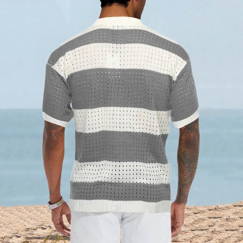 Men's Slim Fit Cardigan Polo - Short Sleeve Color Matching Knit Top - Buy Center US