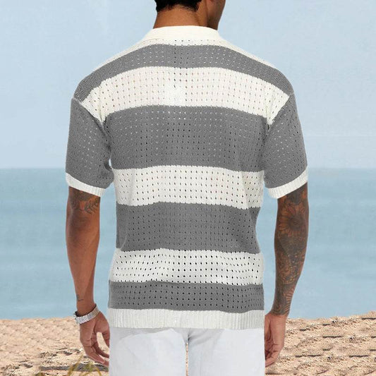 Men's Slim Fit Cardigan Polo - Short Sleeve Color Matching Knit Top - Buy Center US