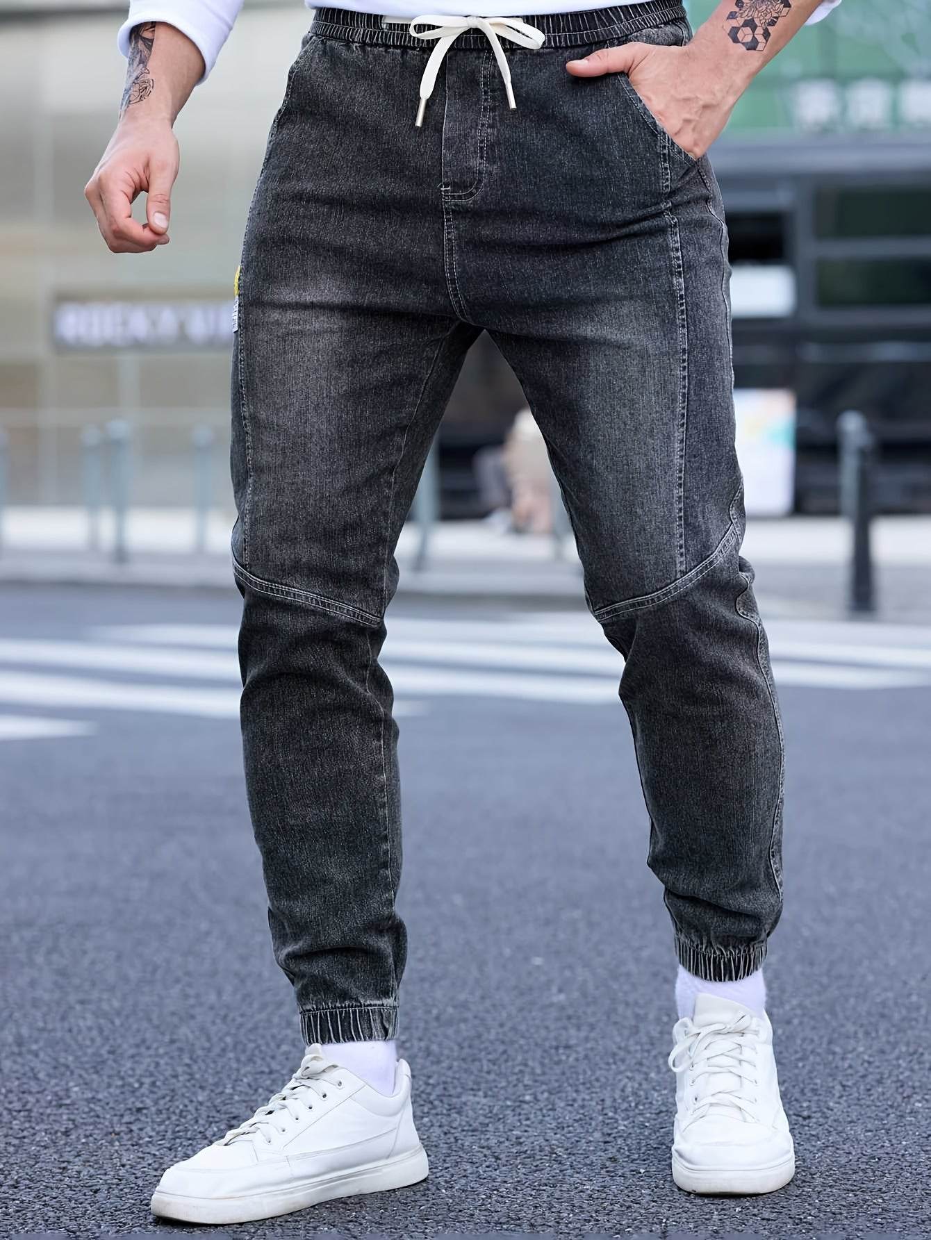 Men's Cropped Denim Pants with Pockets - Casual Drawstring Cotton Blend - Buy Center US