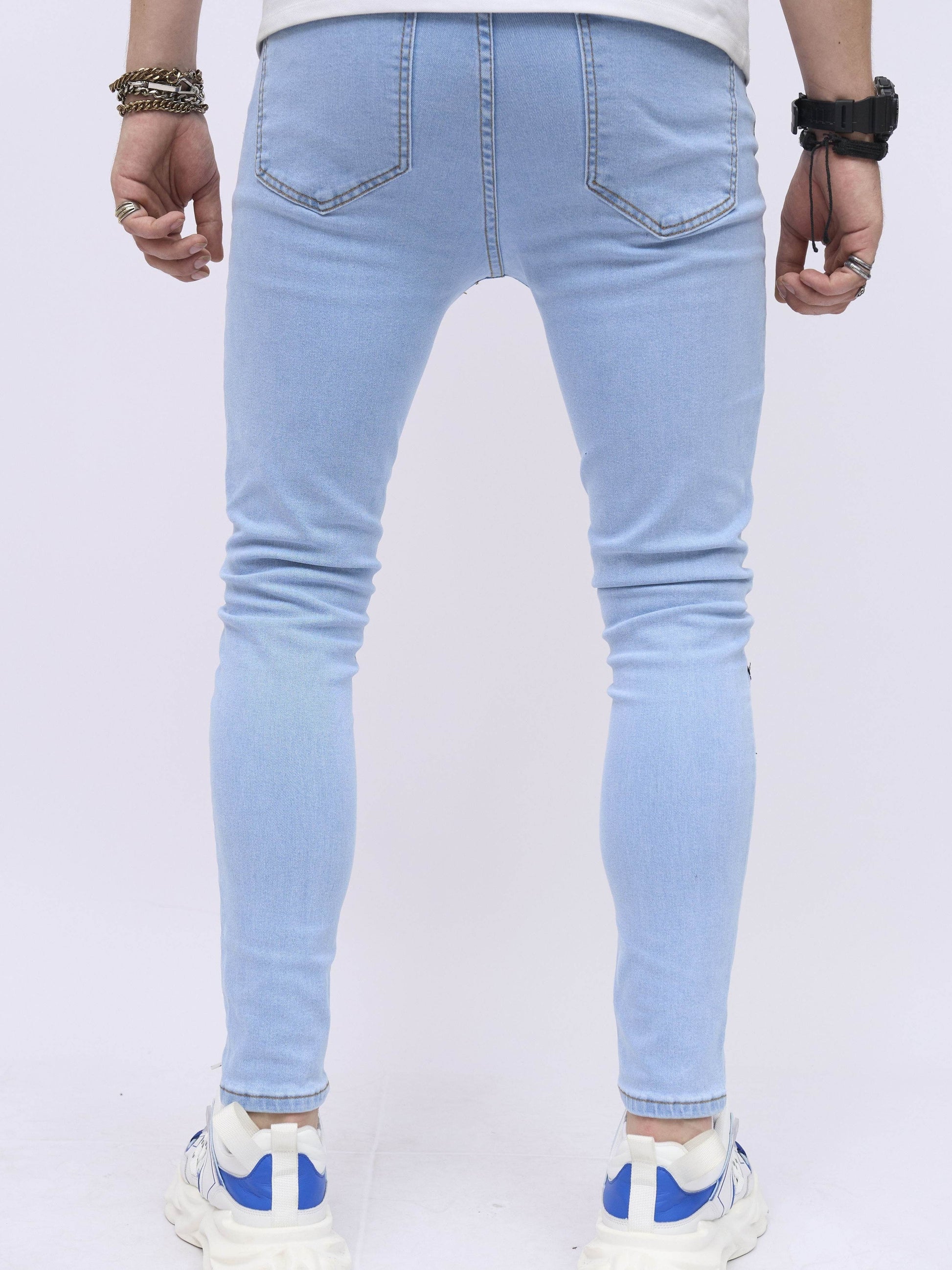 2023 Retro Distressed Knee Ripped Jeans - Light Blue Cotton Slim Fit - Buy Center US