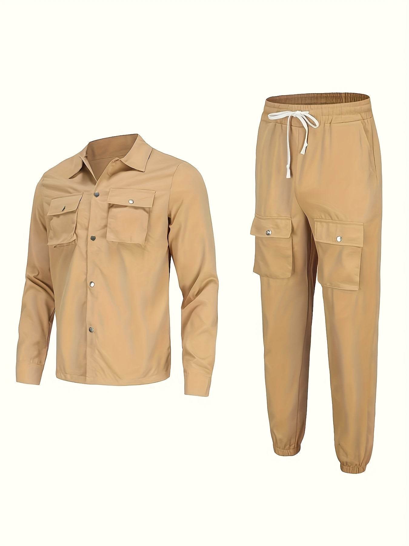 2025 Men's Workwear Set - Solid Long Sleeve, Multiple Pockets for Casual Wear - Buy Center US