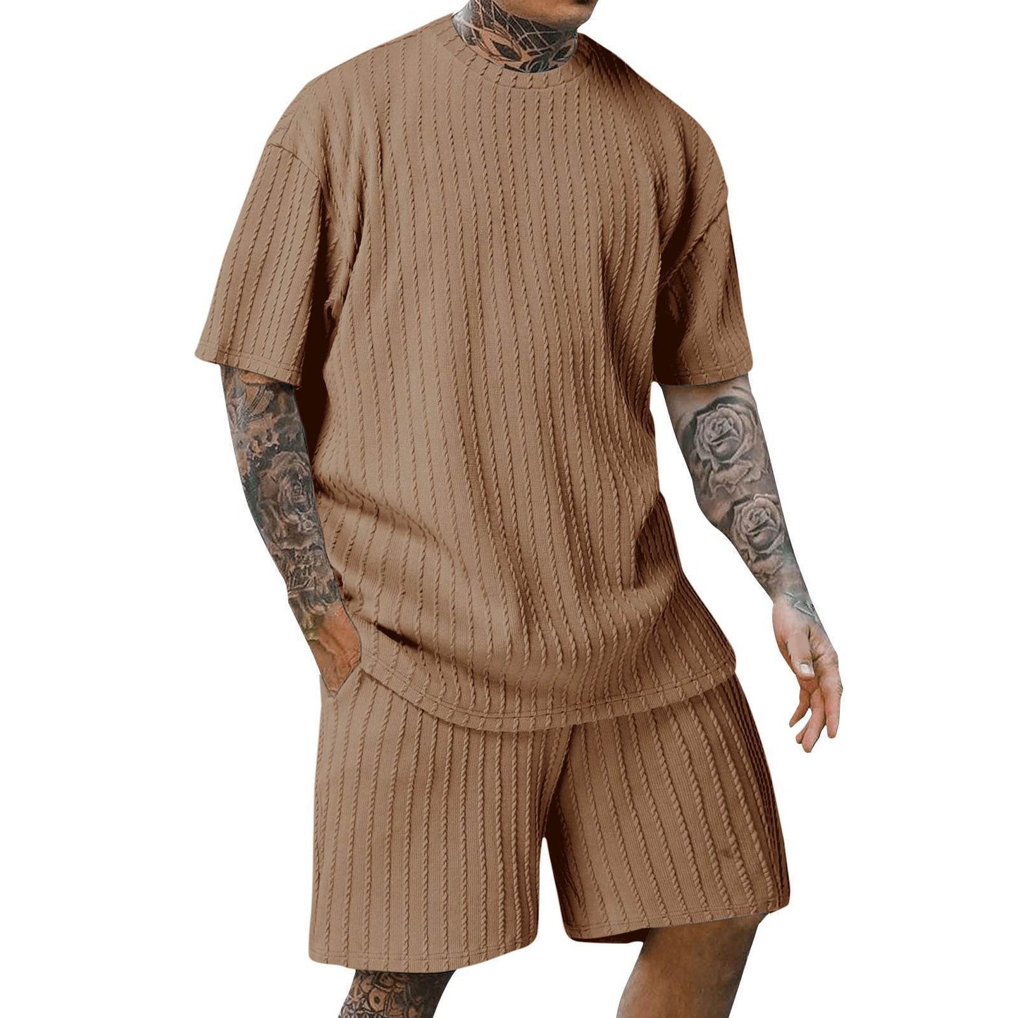 Buycenter Men's Sports Two-Piece Set - Solid Color Round Neck Shorts - Buy Center US