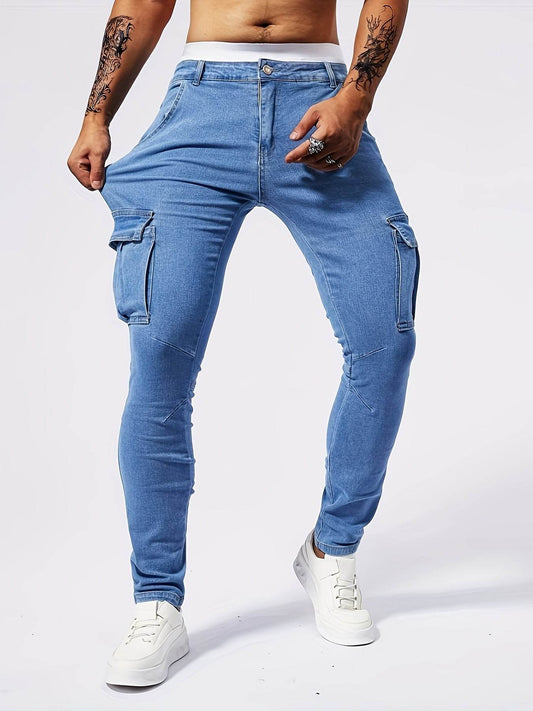 Men's Slim-Fit Denim Cargo Pants - Stretch, Multi-Pocket, Trendy Style - Buy Center US