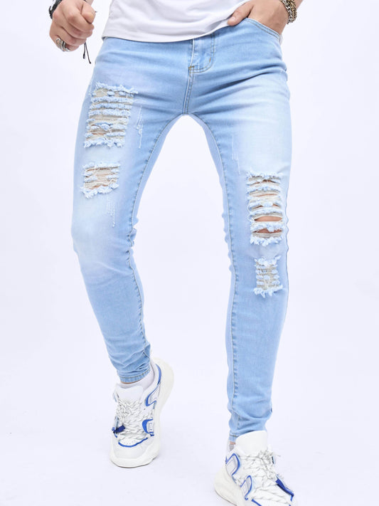 2023 Retro Distressed Knee Ripped Jeans - Light Blue Cotton Slim Fit - Buy Center US