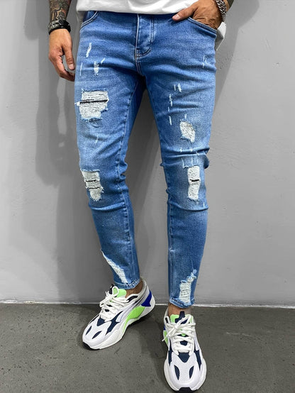 Men's Slim-Fit Denim Jeans - Ripped Knee, Casual Streetwear Style - Buy Center US