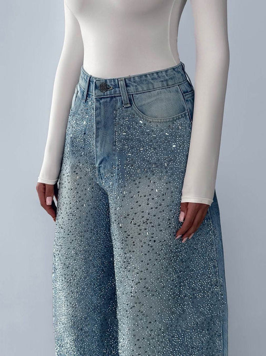 Vintage Irregular Rhinestone Jeans - Slightly Elastic, Full-Length Fit - Buy Center US