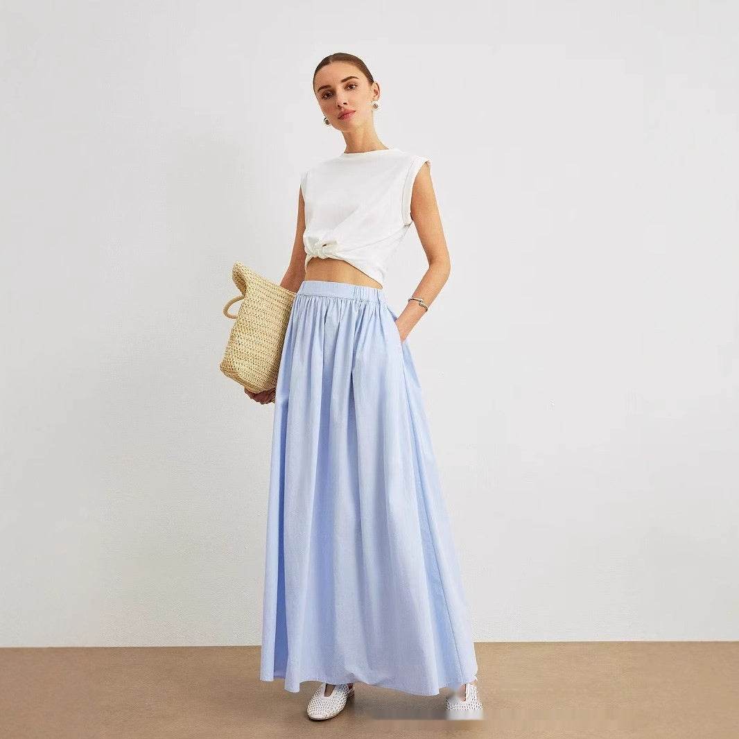 Blue High Waist Pleated Skirt - Elegant A-Line Organic Cotton - Buy Center US