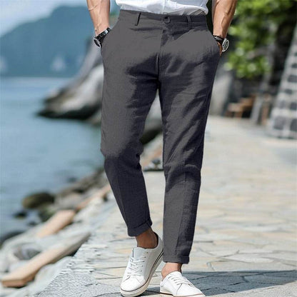 Men's Linen Summer Trousers - Button Front, Slant Pockets, Straight-Leg - Buy Center US