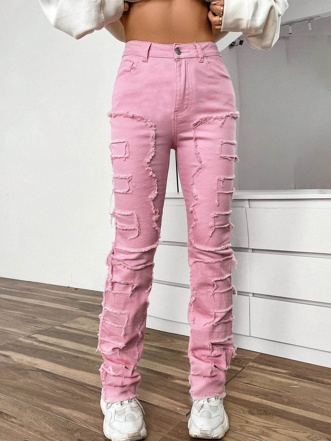Women's Embroidered Straight-Leg Jeans - Fashionable Patchwork Design - Buy Center US