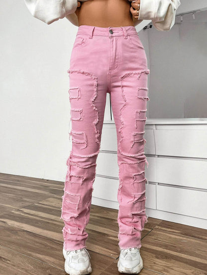 Women's Embroidered Straight-Leg Jeans - Fashionable Patchwork Design - Buy Center US