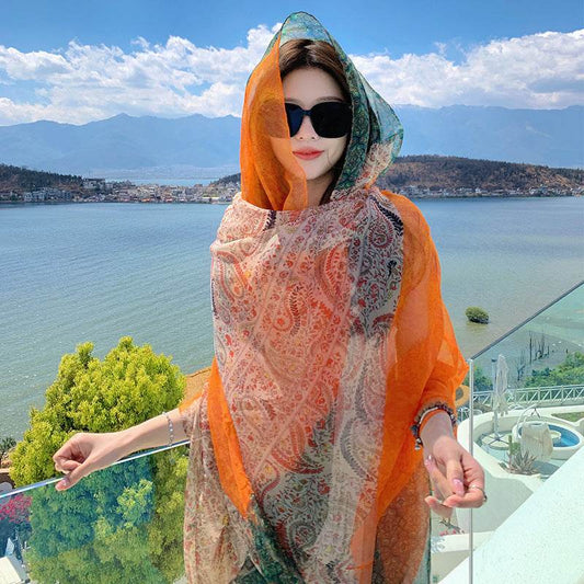 Versatile Silk Scarf for Sun Protection - Bohemian Floral Design 180x125cm - Buy Center US
