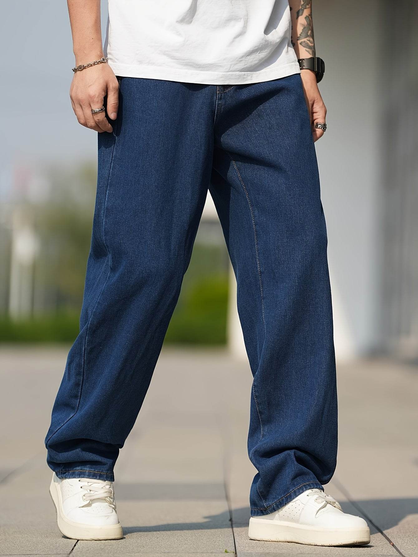 Men's Loose Fit Straight Leg Jeans - Washed Blue, All-Season Comfort - Buy Center US