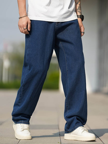 Men's Loose Fit Straight Leg Jeans - Washed Blue, All-Season Comfort - Buy Center US