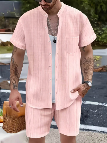 Men's Summer Casual 2-Piece Beach Outfit - Striped Short Sleeve Shirt & Shorts - Buy Center US