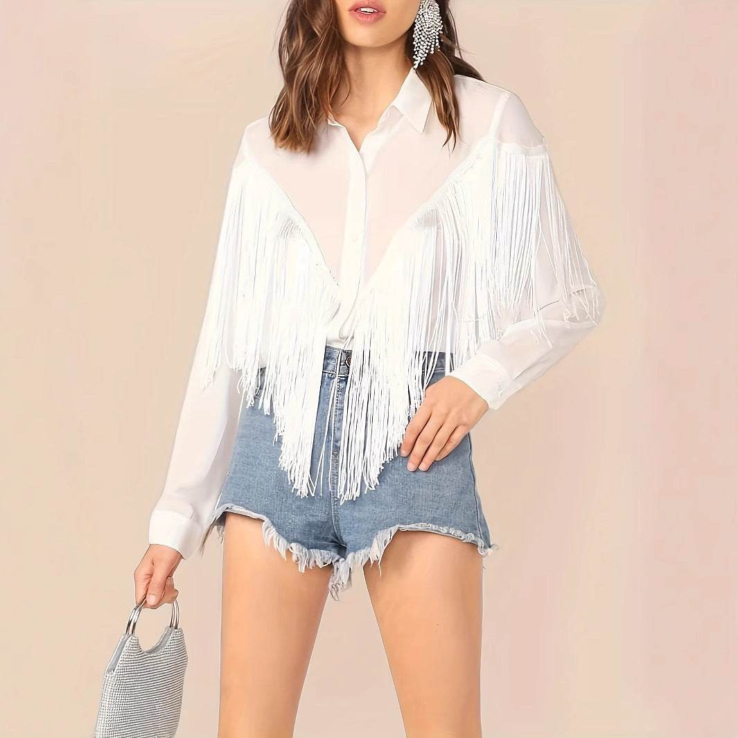 Women's Long Sleeved Tassel Shirt - Elegant Loose Casual Top - Buy Center US