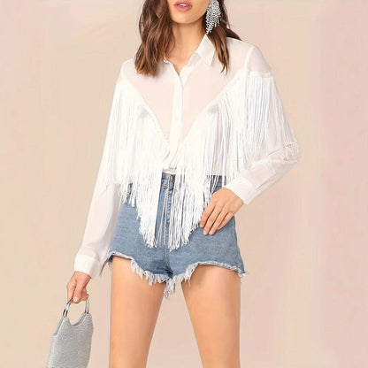 Women's Long Sleeved Tassel Shirt - Elegant Loose Casual Top - Buy Center US