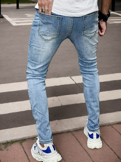 Men's Light Washed Blue Jeans - Casual Stretch Denim, Geometric Pattern - Buy Center US