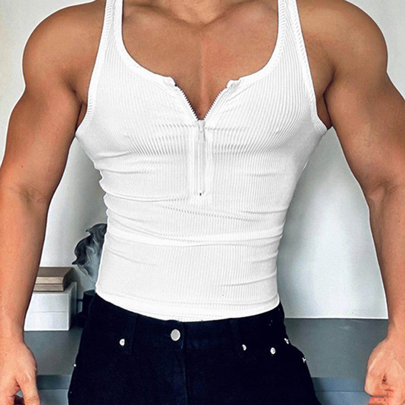 Men's Slim Fit Zip-Up Tank Top - Casual White Vest with Ribbed Texture - Buy Center US