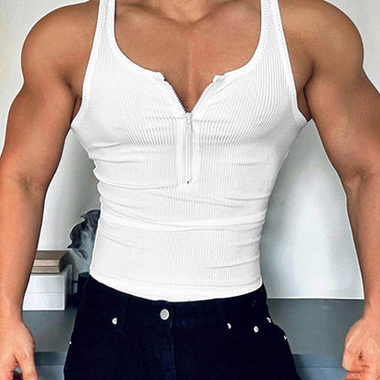 Men's Slim Fit Zip-Up Tank Top - Casual White Vest with Ribbed Texture - Buy Center US