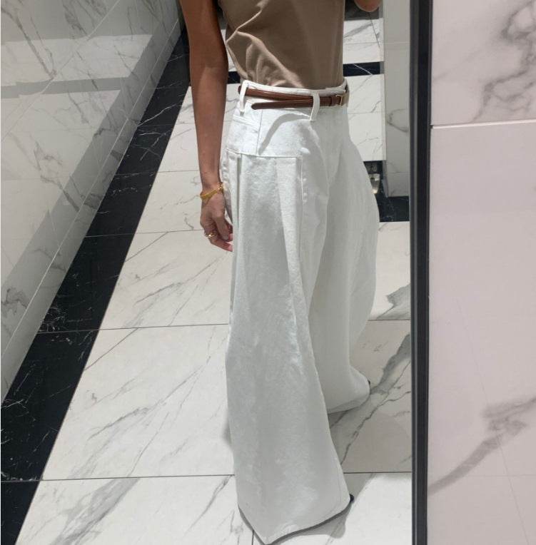 Women's High Waist Pleated Wide-Leg Jeans - Korean Style, Blue or White - Buy Center US