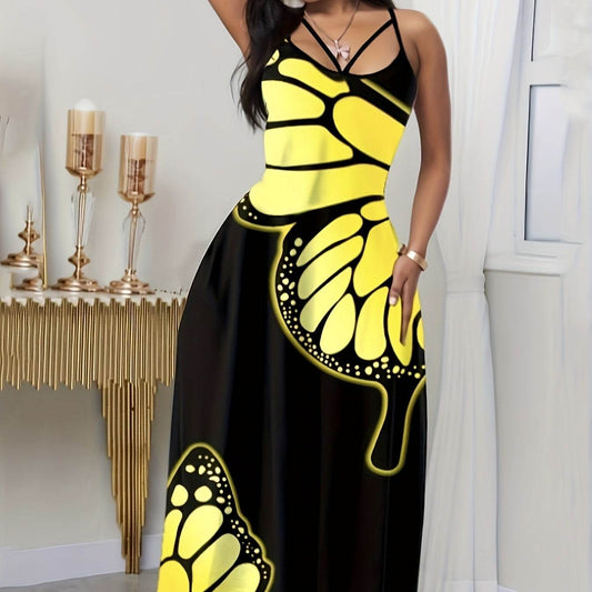Ladies' V-Neck Butterfly Print Long Skirt Dress - Casual Summer Wear - Buy Center US