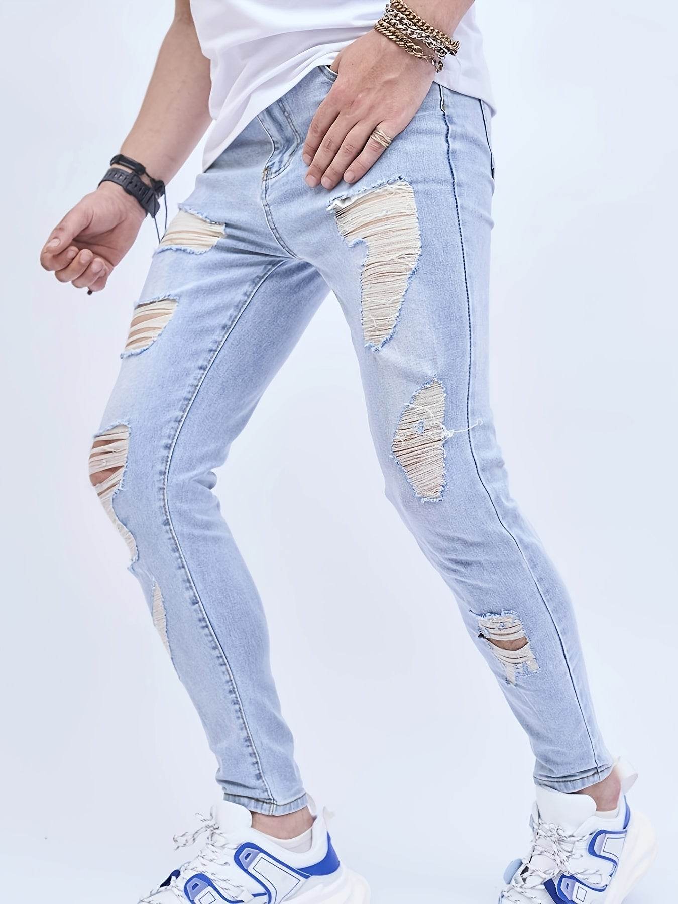 Men's Ripped Skinny Jeans - Medium Stretch Denim for Spring/Fall - Buy Center US