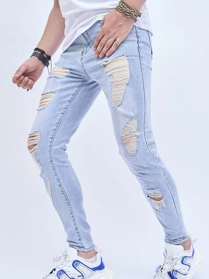 Men's Ripped Skinny Jeans - Medium Stretch Denim for Spring/Fall - Buy Center US