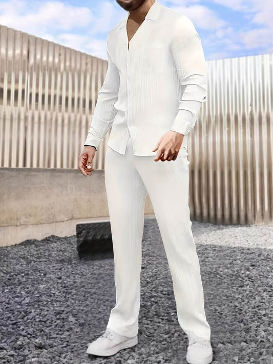 Men's Elegant Striped Button-Up Shirt and Pants Set - Casual Spring Fashion - Buy Center US