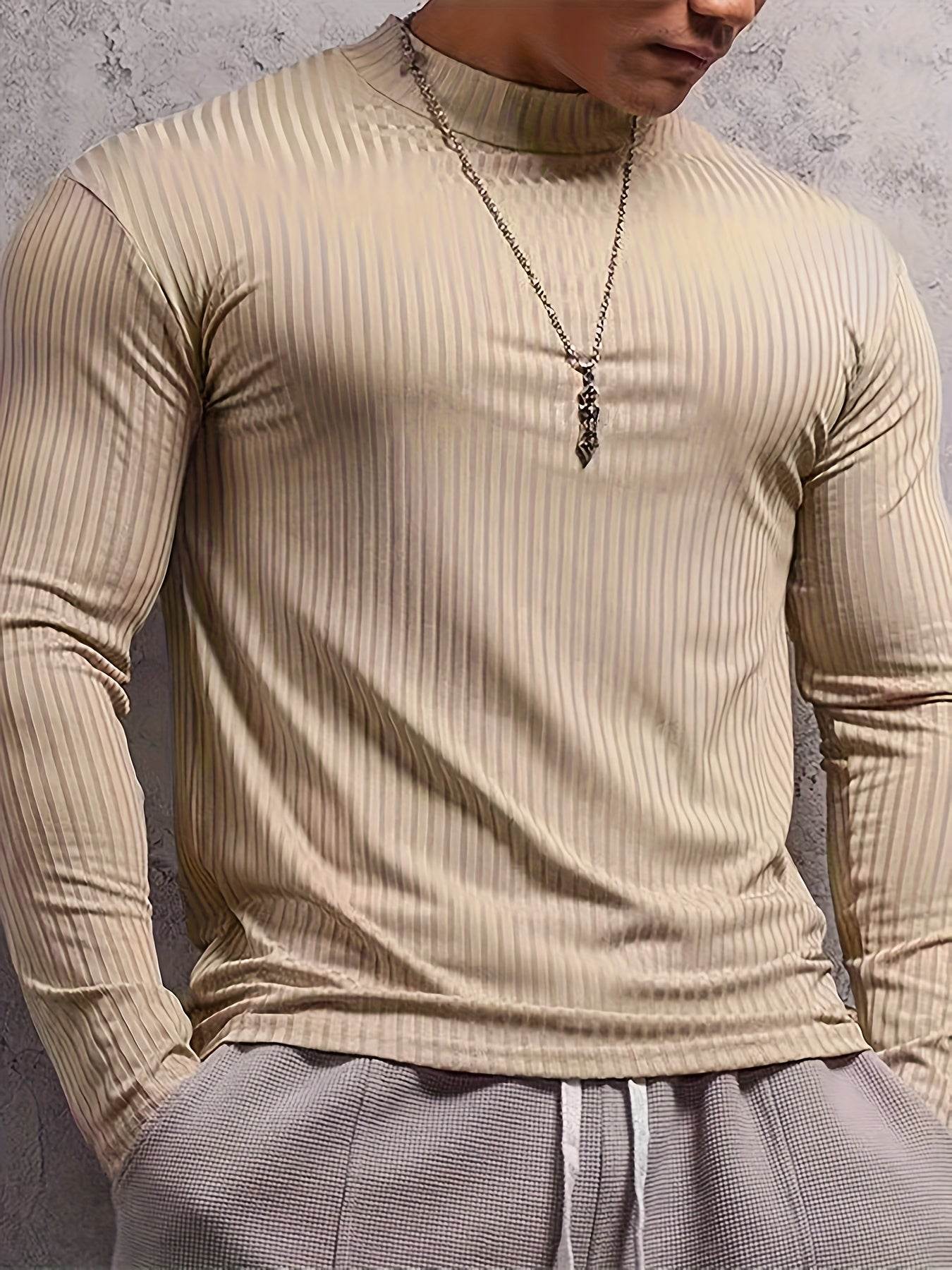 Solid Stripe Knit Turtle Neck T-shirt - Comfy Long Sleeve for Men's Fitness - Buy Center US