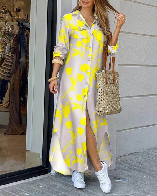 Loose Casual Long Dress for Women - A-Line, Polo Collar Style - Buy Center US