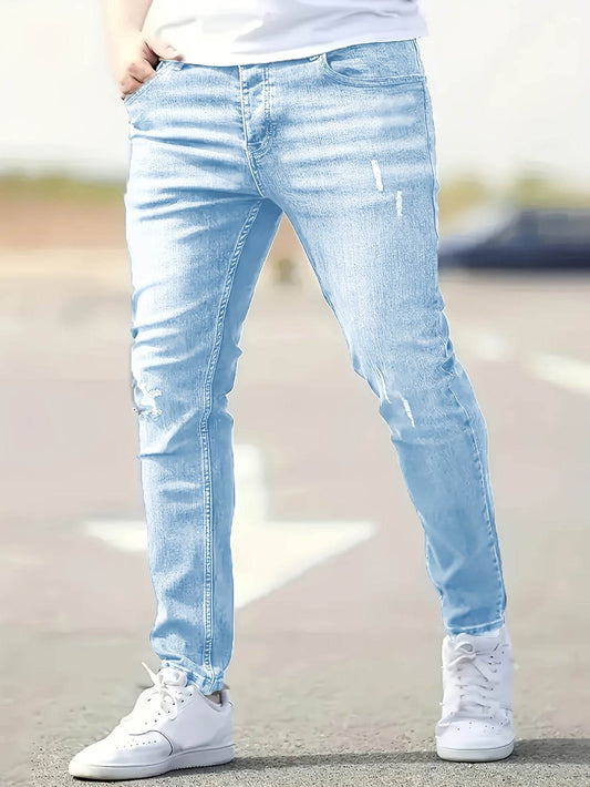 Men's Slim Fit Distressed Ripped Jeans - Light Blue Denim for Casual Style - Buy Center US
