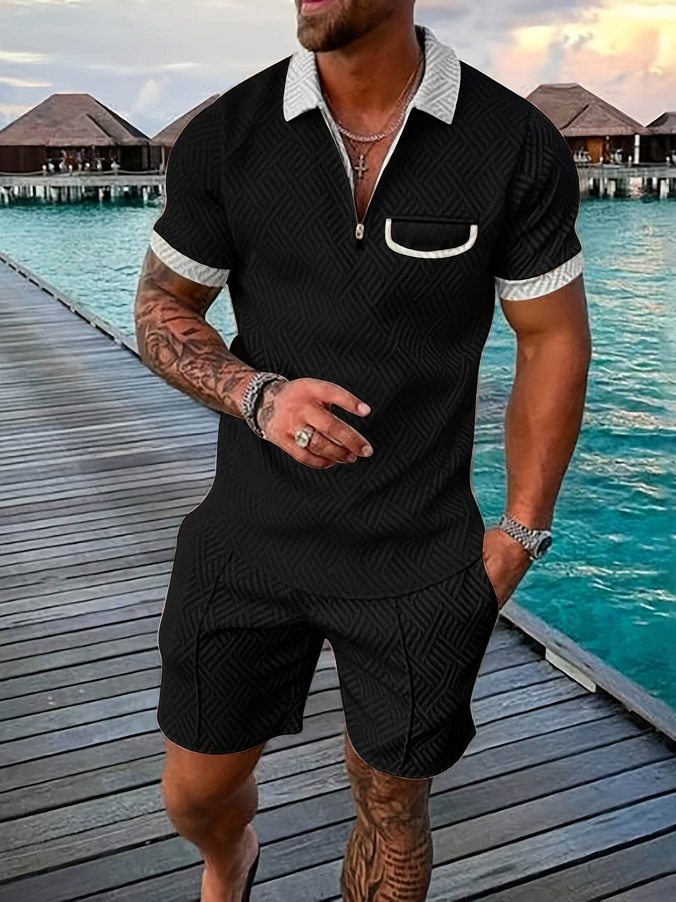 Men's Casual Knee-Length Kurta and Shorts Set - Breathable Polyester, Stylish - Buy Center US
