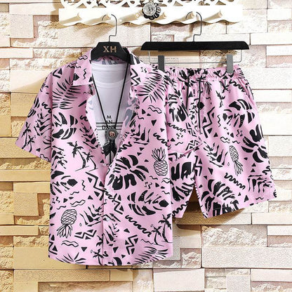 Buycenter Men's Hawaiian Beach Shirt Suit - Casual Pink Print Set - Buy Center US