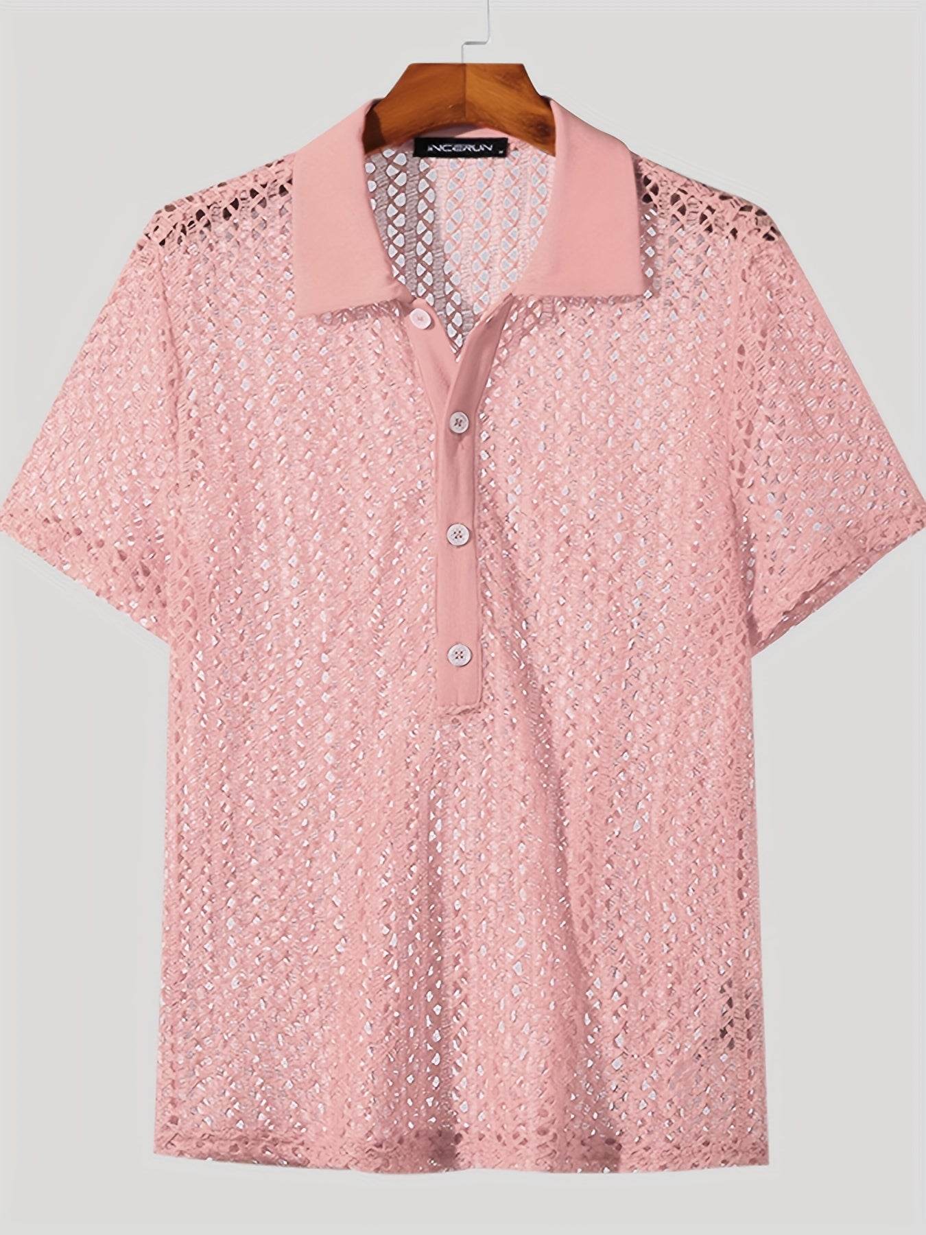 INCERUN Men's Bright Orange Mesh Shirt - Sheer Short Sleeve Collared Top - Buy Center US