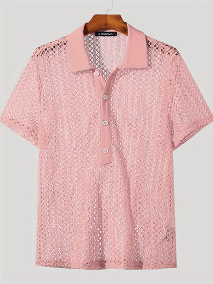 INCERUN Men's Bright Orange Mesh Shirt - Sheer Short Sleeve Collared Top - Buy Center US