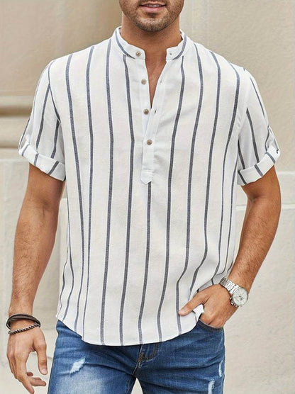 Casual Summer Men's Short Sleeve Shirt - Striped Linen in Various Colors - Buy Center US