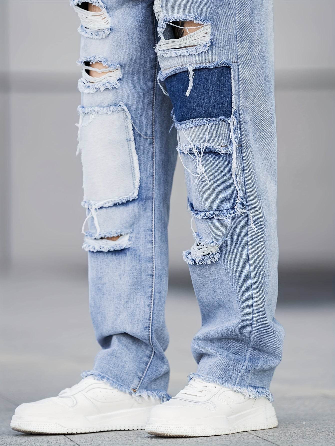 Durable Men's Casual Ripped Jeans - Loose Fit, All-Season Denim Wear - Buy Center US