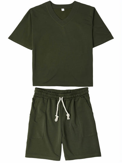 Summer Men's Casual V-Neck T-Shirt & Shorts Set - Trendy Polyester Outfit - Buy Center US