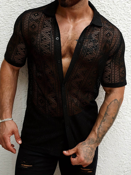 Men's Casual Lapel Button-Up Shirt - Geometric Print, Short Sleeve Summer Style - Buy Center US