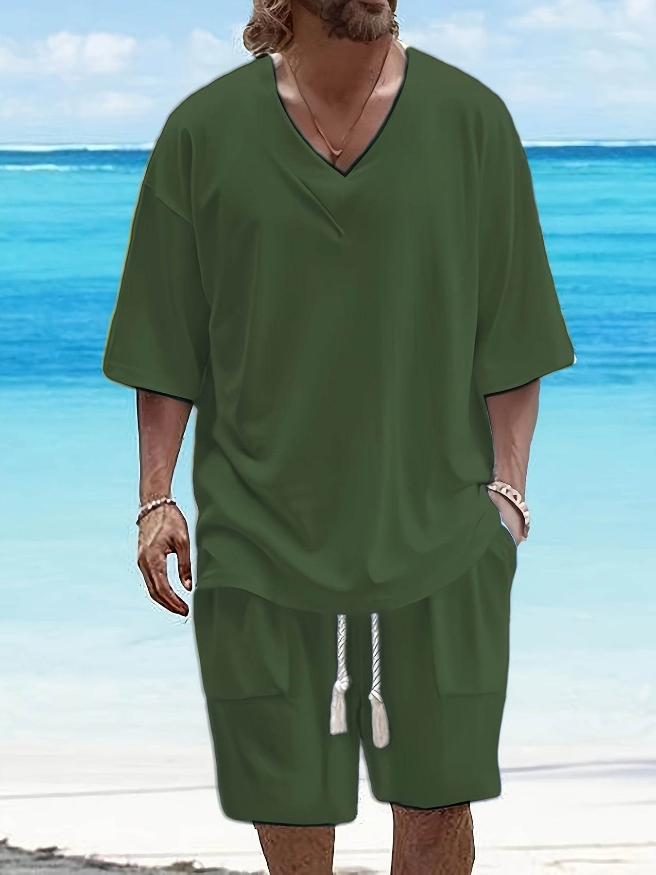 Summer Men's Casual V-Neck T-Shirt & Shorts Set - Trendy Polyester Outfit - Buy Center US