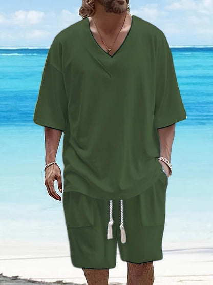 Summer Men's Casual V-Neck T-Shirt & Shorts Set - Trendy Polyester Outfit - Buy Center US