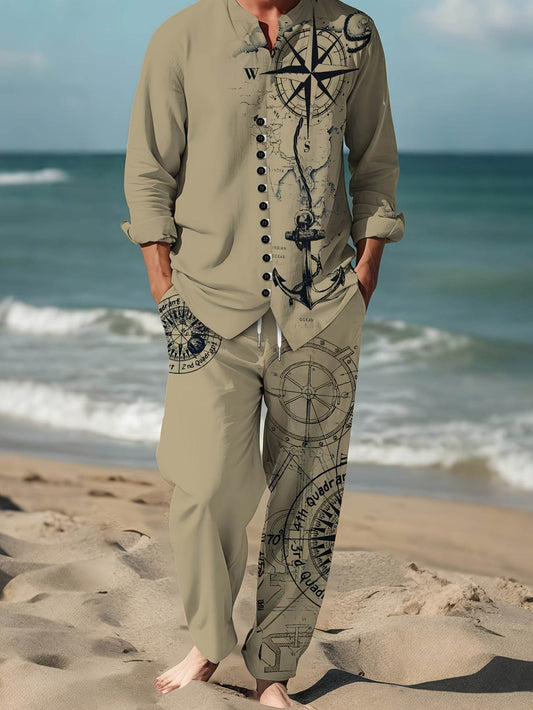 Men's Vintage Nautical Compass Casual Suit - Beige Polyester for All Seasons - Buy Center US