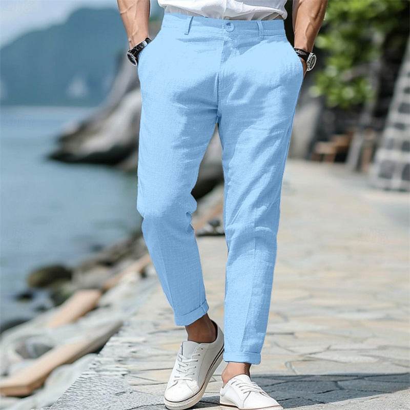 Men's Linen Summer Trousers - Button Front, Slant Pockets, Straight-Leg - Buy Center US